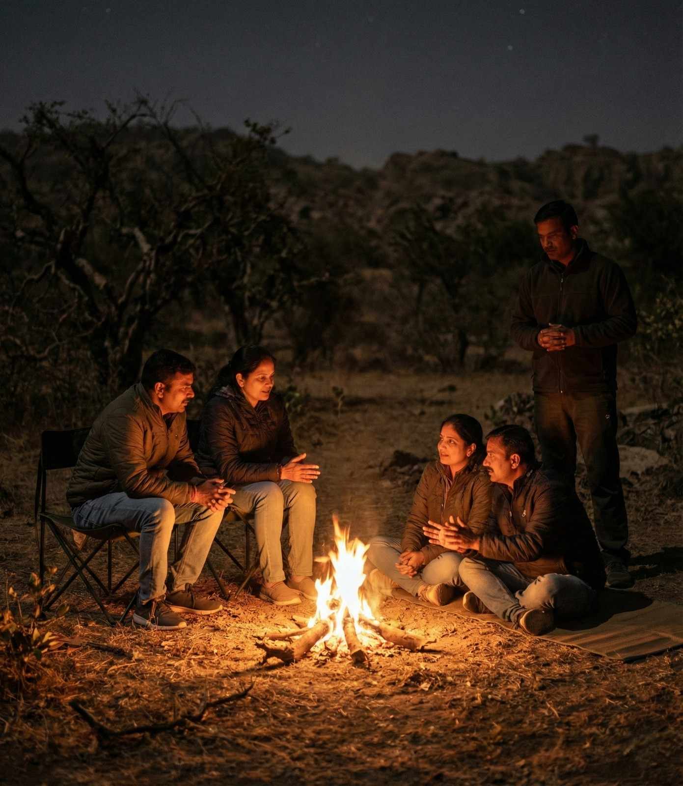 Night camping experience at Girvan Forest Resort with tents and campfire